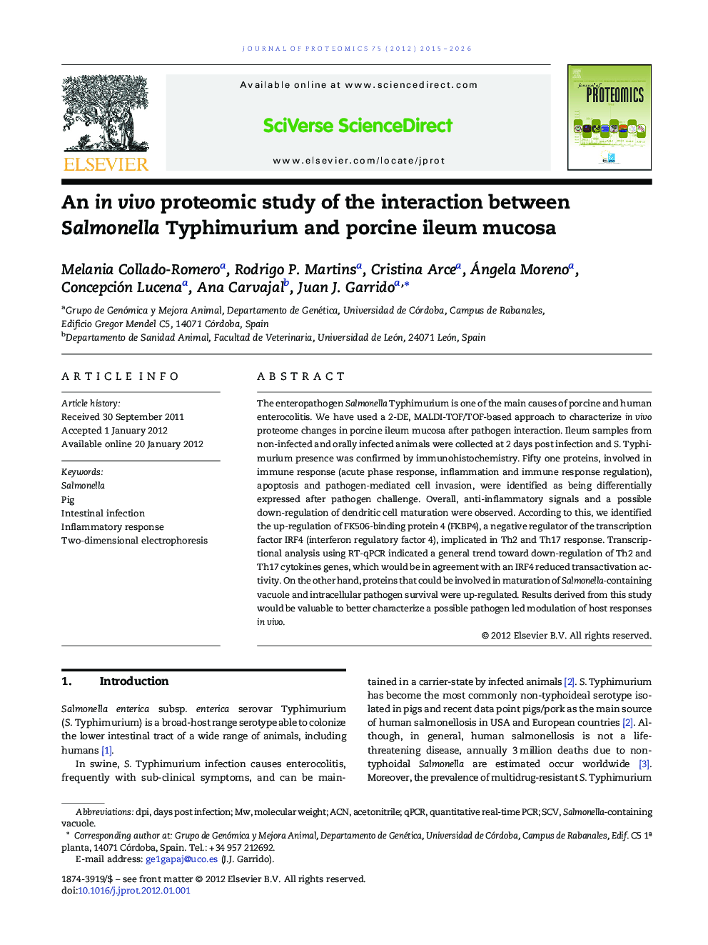 An in vivo proteomic study of the interaction between Salmonella Typhimurium and porcine ileum mucosa