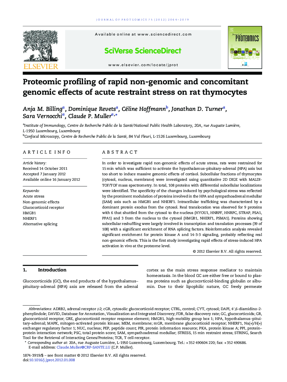 Proteomic profiling of rapid non-genomic and concomitant genomic effects of acute restraint stress on rat thymocytes