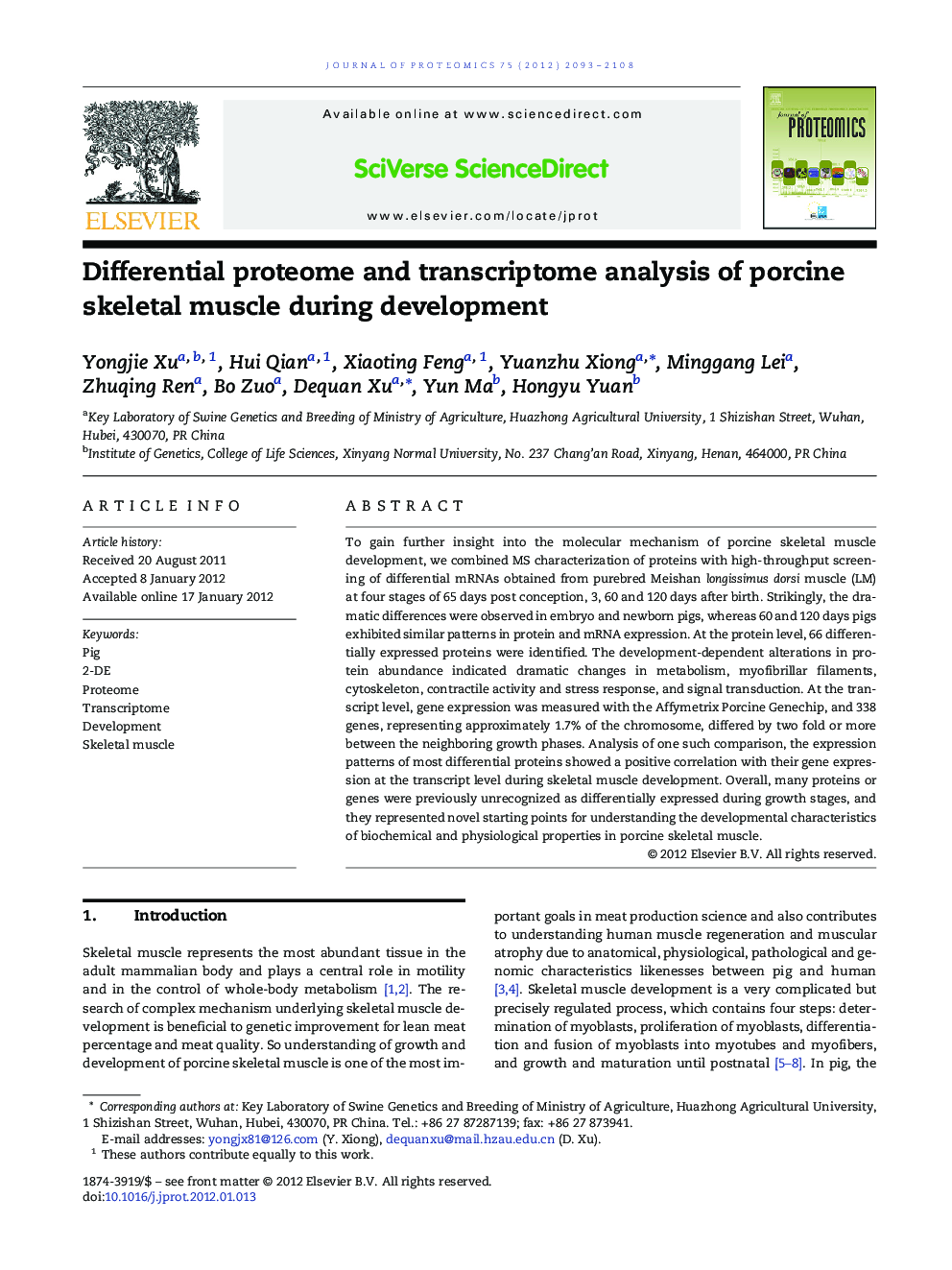 Differential proteome and transcriptome analysis of porcine skeletal muscle during development