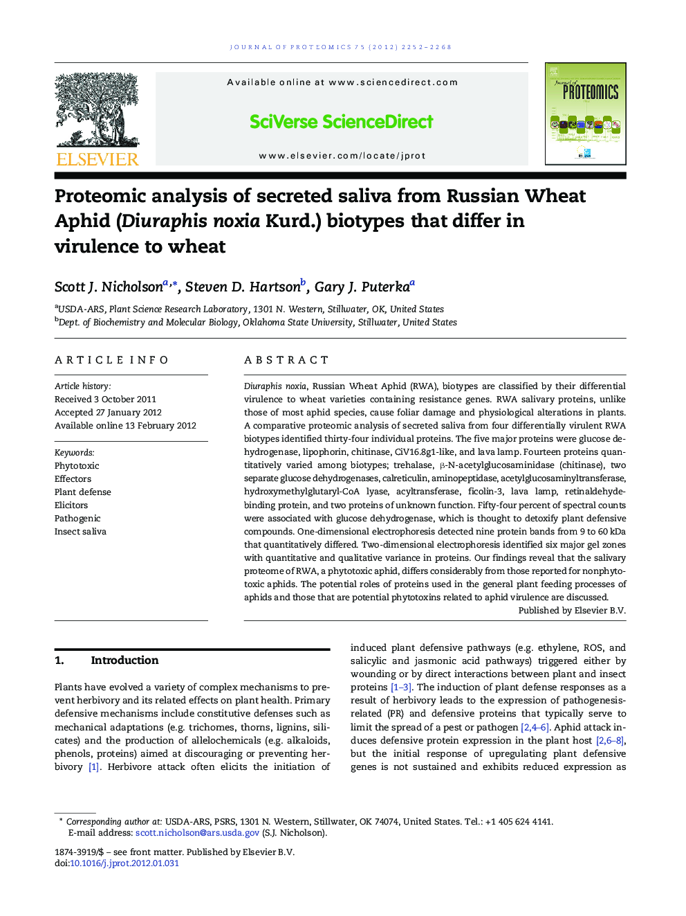 Proteomic analysis of secreted saliva from Russian Wheat Aphid (Diuraphis noxia Kurd.) biotypes that differ in virulence to wheat