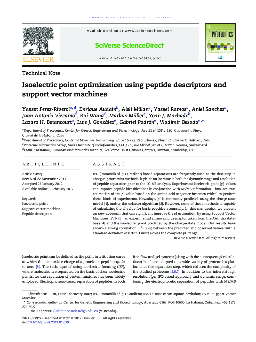 Isoelectric point optimization using peptide descriptors and support vector machines