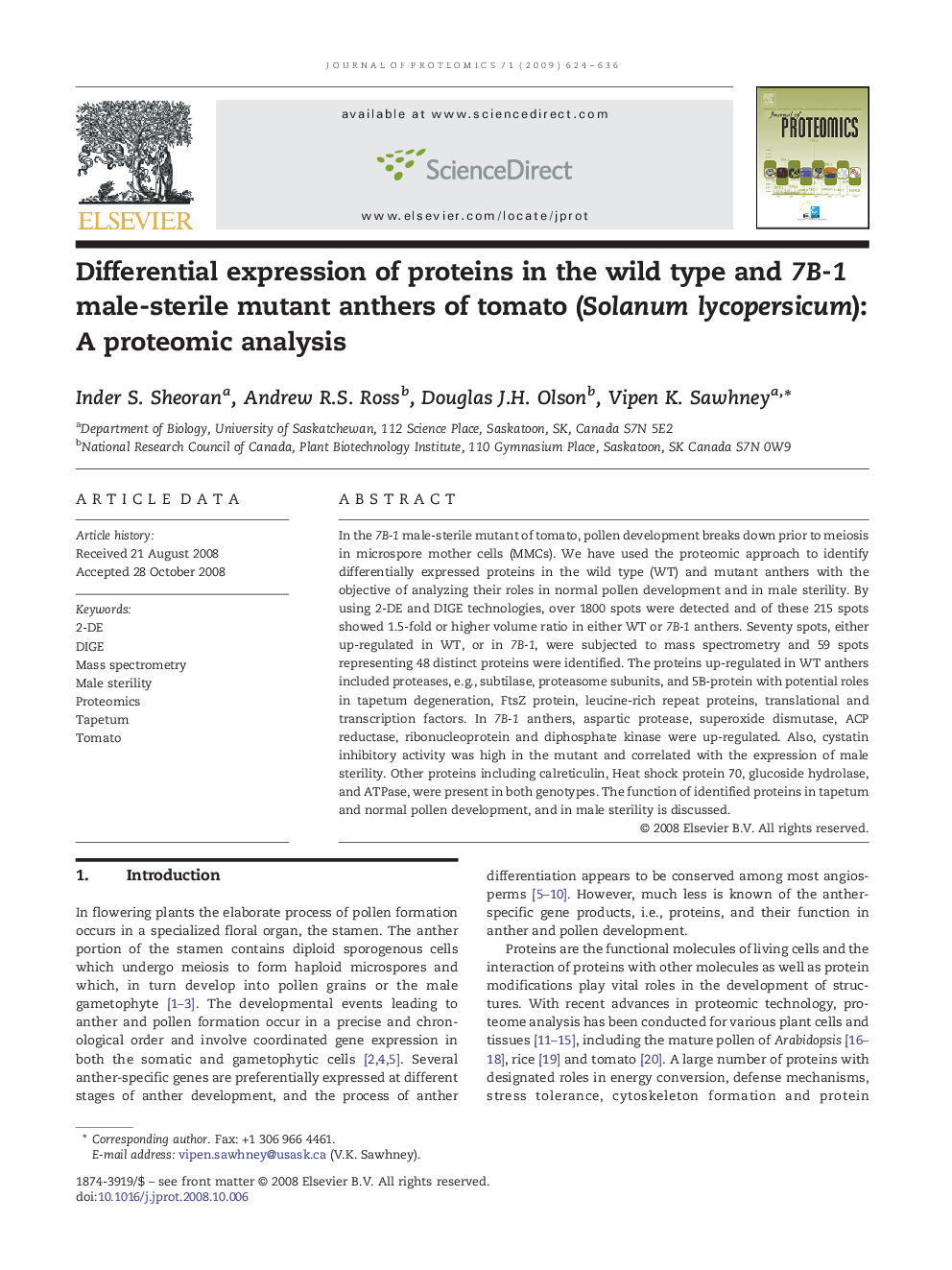 Differential expression of proteins in the wild type and 7B-1 male-sterile mutant anthers of tomato (Solanum lycopersicum): A proteomic analysis