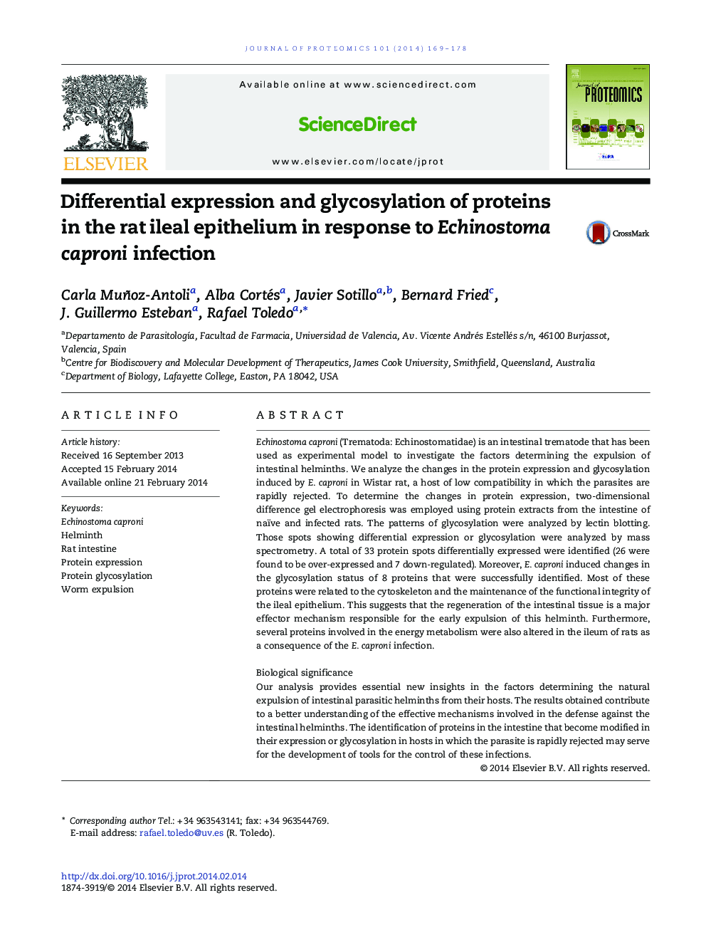 Differential expression and glycosylation of proteins in the rat ileal epithelium in response to Echinostoma caproni infection