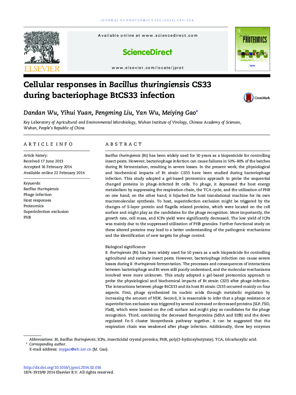 Cellular responses in Bacillus thuringiensis CS33 during bacteriophage BtCS33 infection