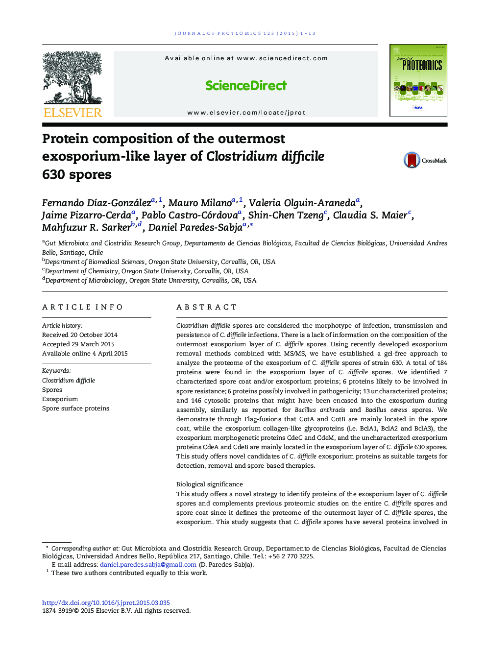 Protein composition of the outermost exosporium-like layer of Clostridium difficile 630 spores