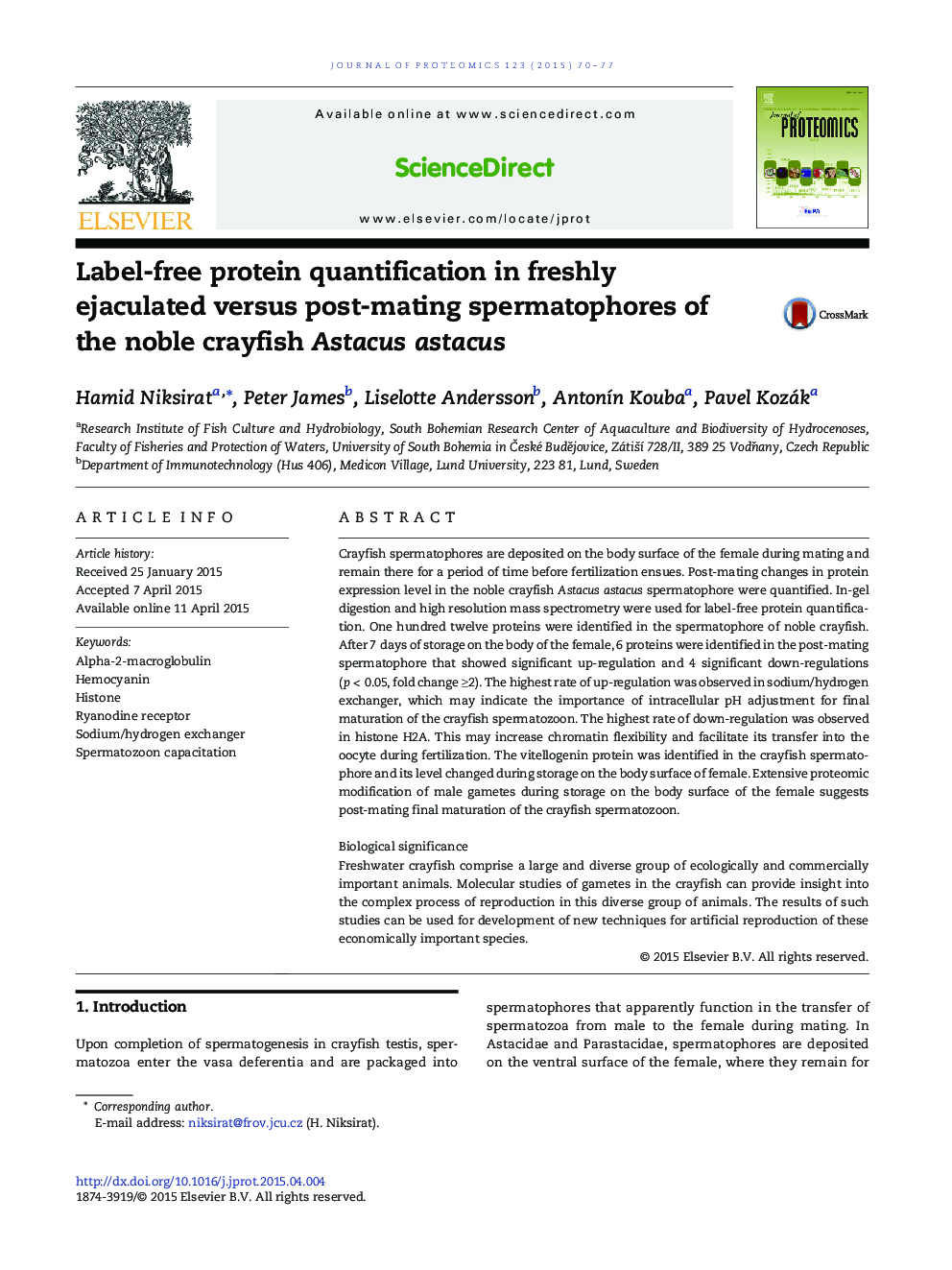 Label-free protein quantification in freshly ejaculated versus post-mating spermatophores of the noble crayfish Astacus astacus