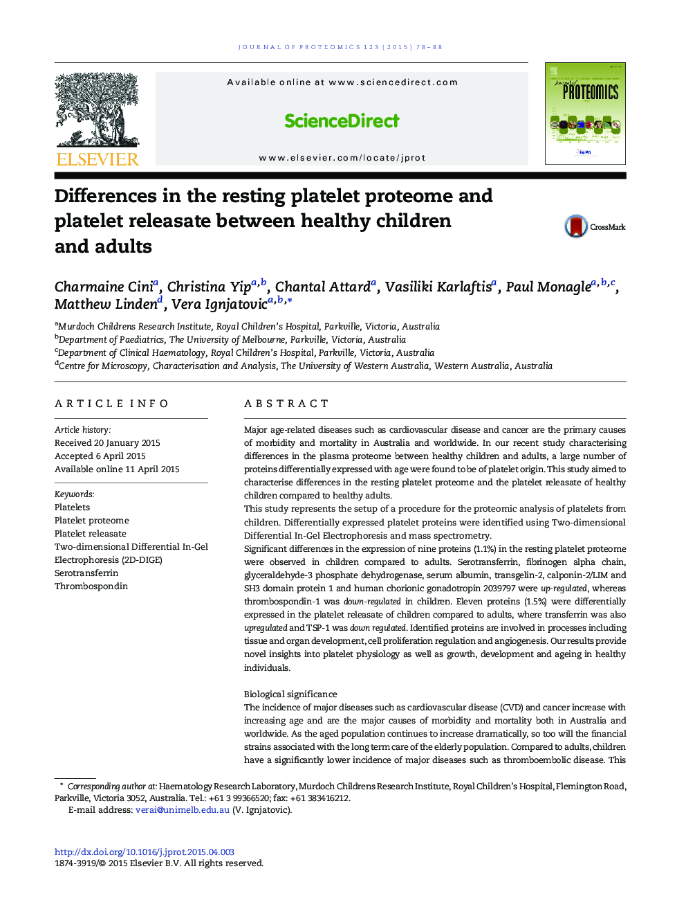 تفاوت پروتئوم و پلاکت های پلاکتی استراحت بین کودکان سالم و بزرگسالان آزاد می شود 