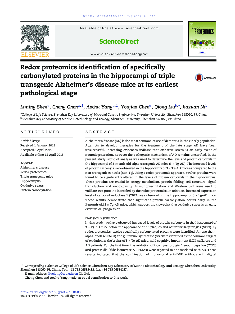 Redox proteomics identification of specifically carbonylated proteins in the hippocampi of triple transgenic Alzheimer's disease mice at its earliest pathological stage