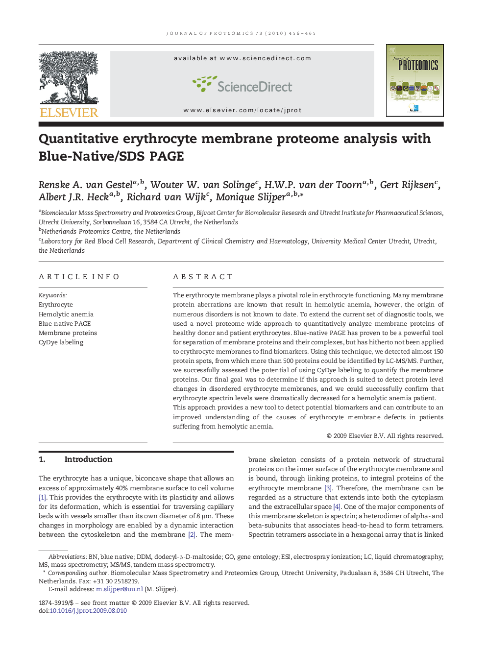 Quantitative erythrocyte membrane proteome analysis with Blue-Native/SDS PAGE