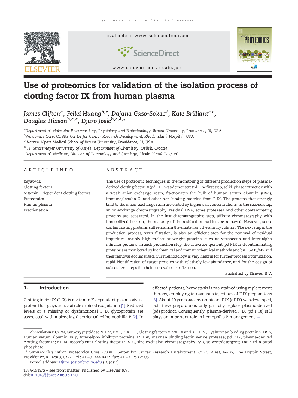 Use of proteomics for validation of the isolation process of clotting factor IX from human plasma