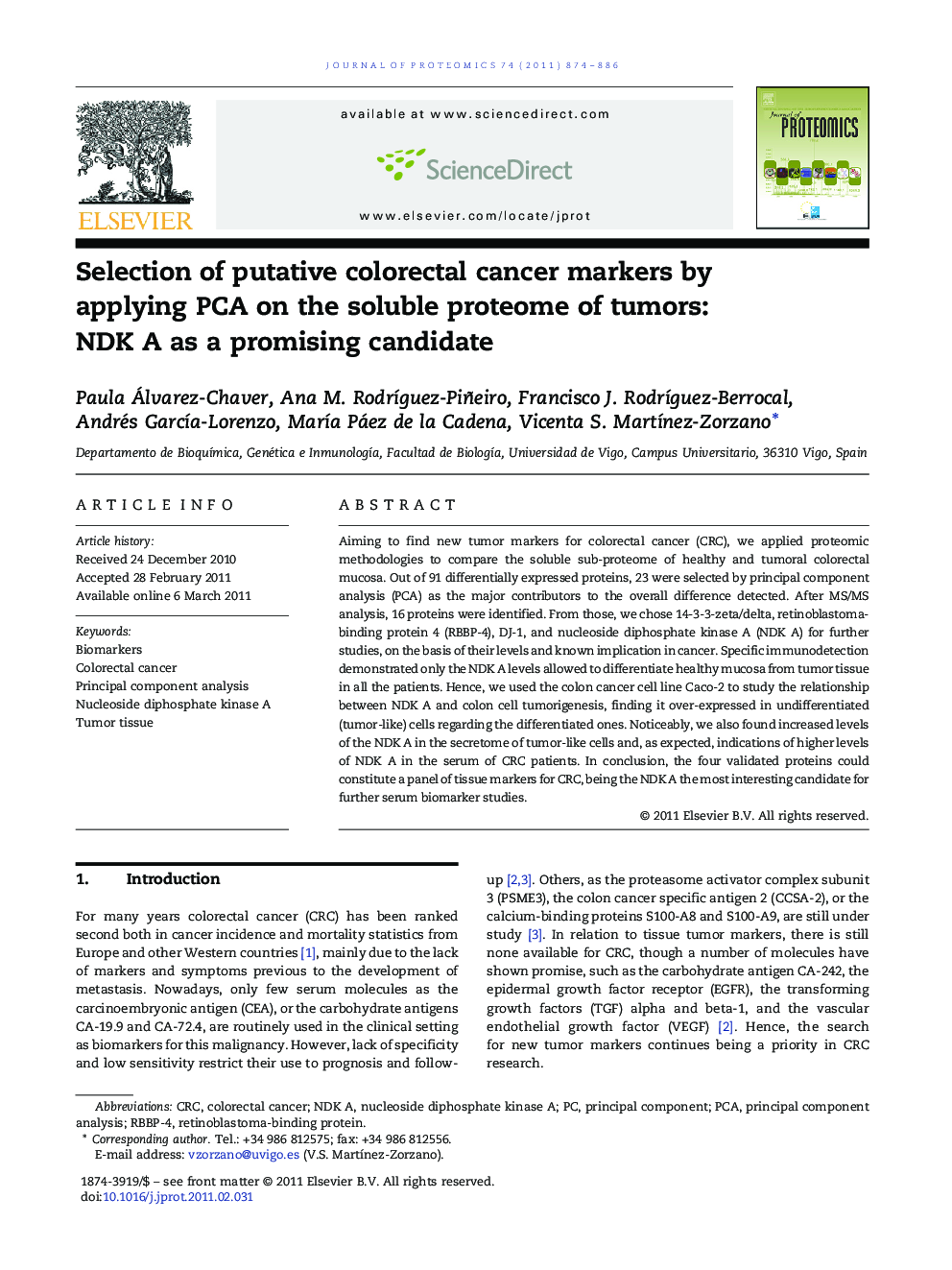 Selection of putative colorectal cancer markers by applying PCA on the soluble proteome of tumors: NDK A as a promising candidate