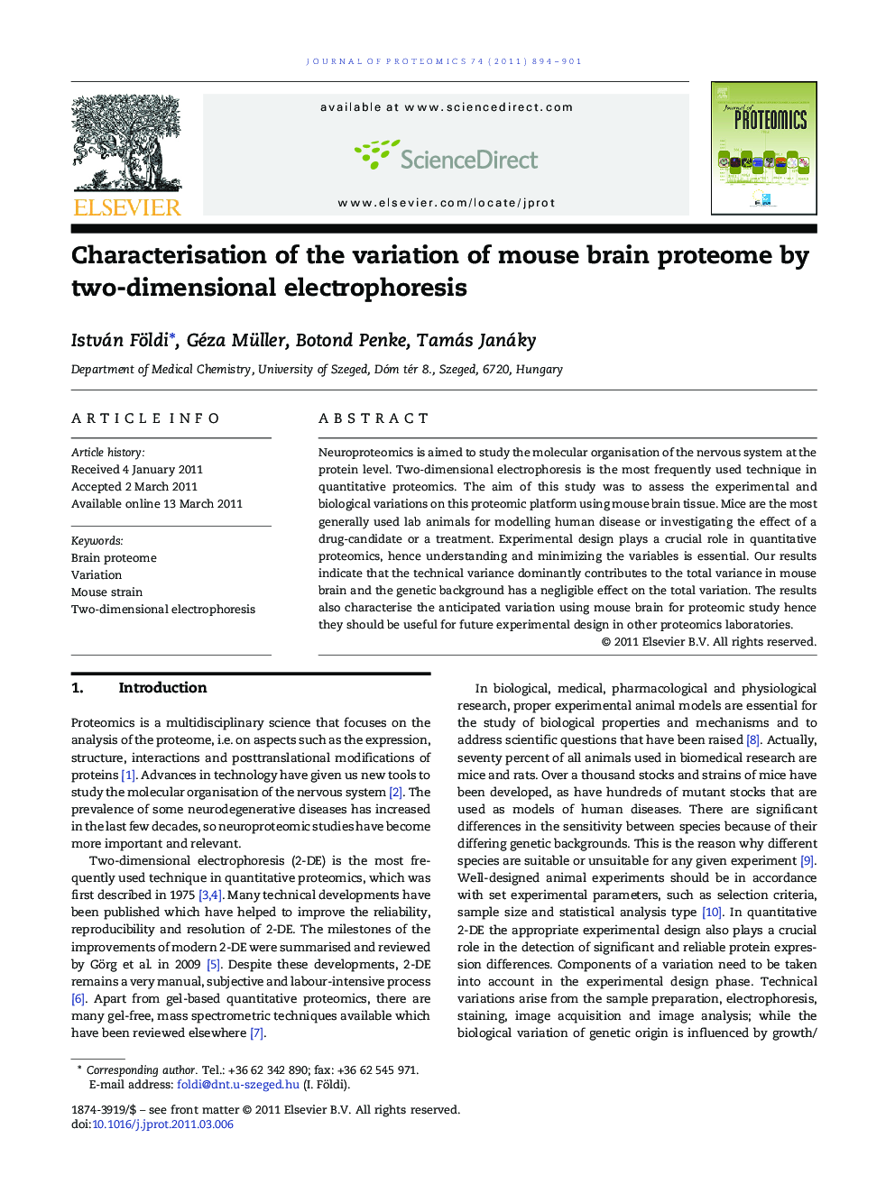 Characterisation of the variation of mouse brain proteome by two-dimensional electrophoresis