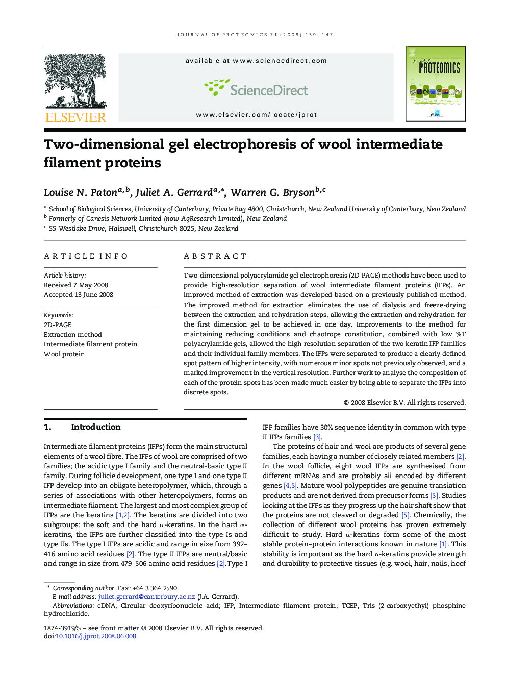 Two-dimensional gel electrophoresis of wool intermediate filament proteins