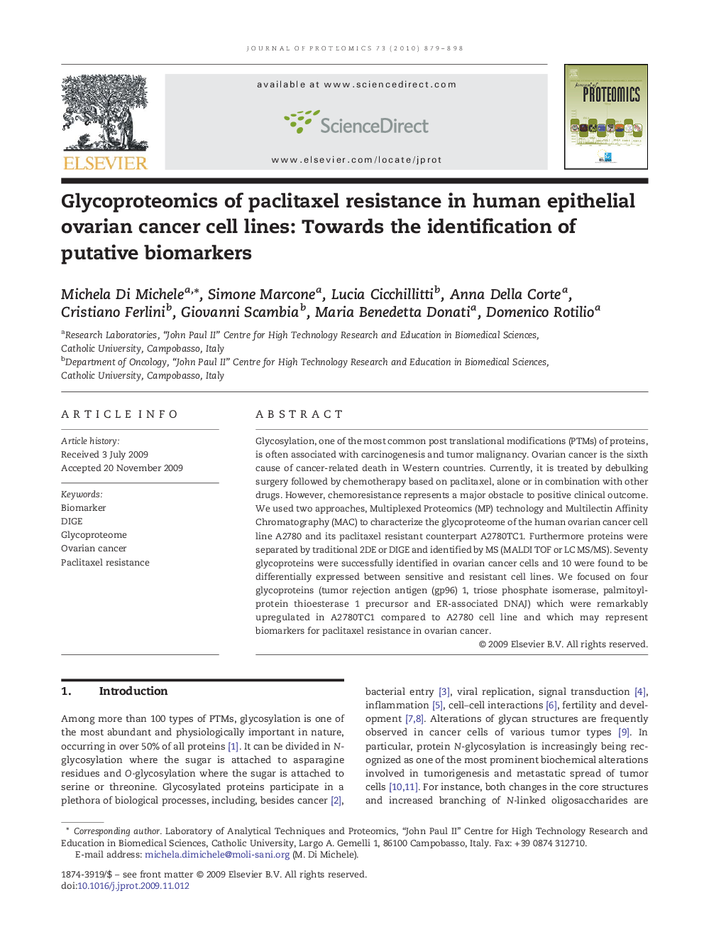 Glycoproteomics of paclitaxel resistance in human epithelial ovarian cancer cell lines: Towards the identification of putative biomarkers