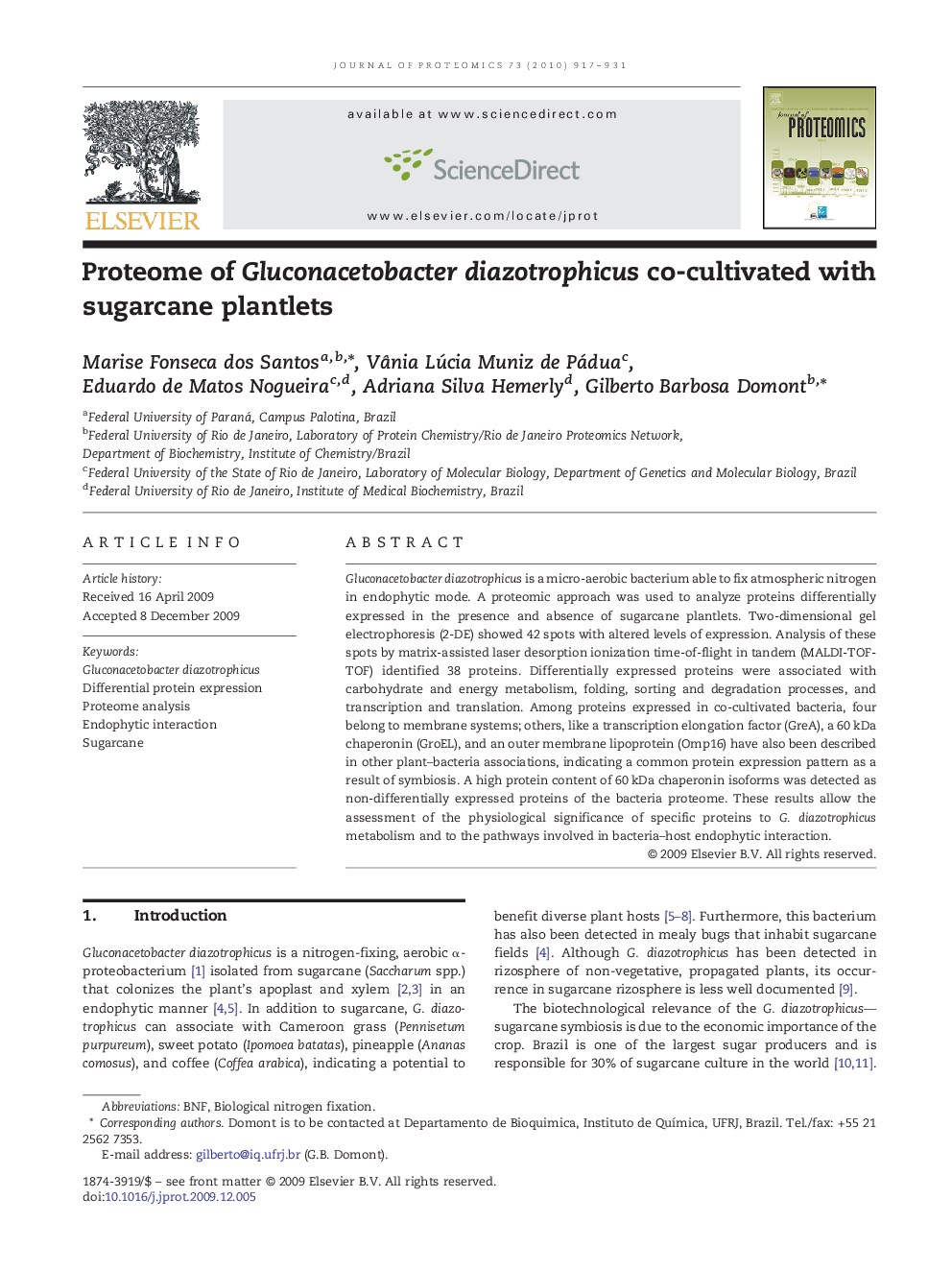 Proteome of Gluconacetobacter diazotrophicus co-cultivated with sugarcane plantlets