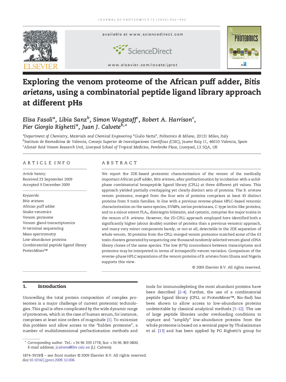 Exploring the venom proteome of the African puff adder, Bitis arietans, using a combinatorial peptide ligand library approach at different pHs