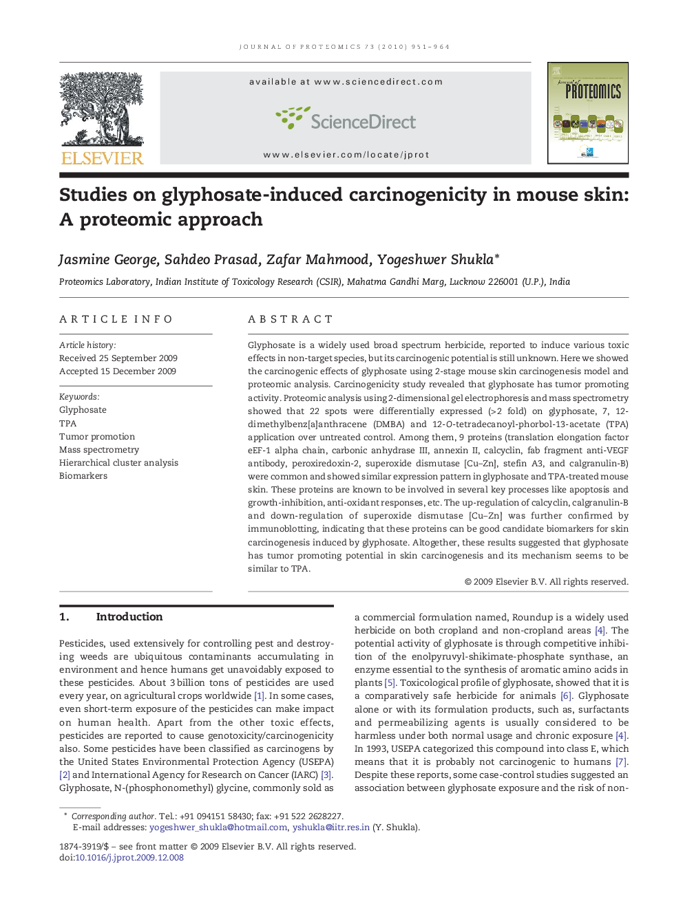 Studies on glyphosate-induced carcinogenicity in mouse skin: A proteomic approach