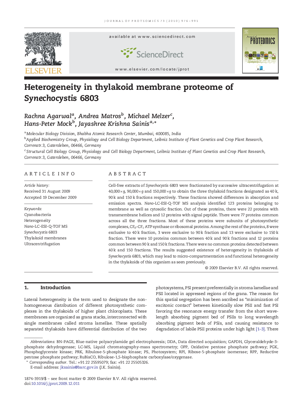 Heterogeneity in thylakoid membrane proteome of Synechocystis 6803