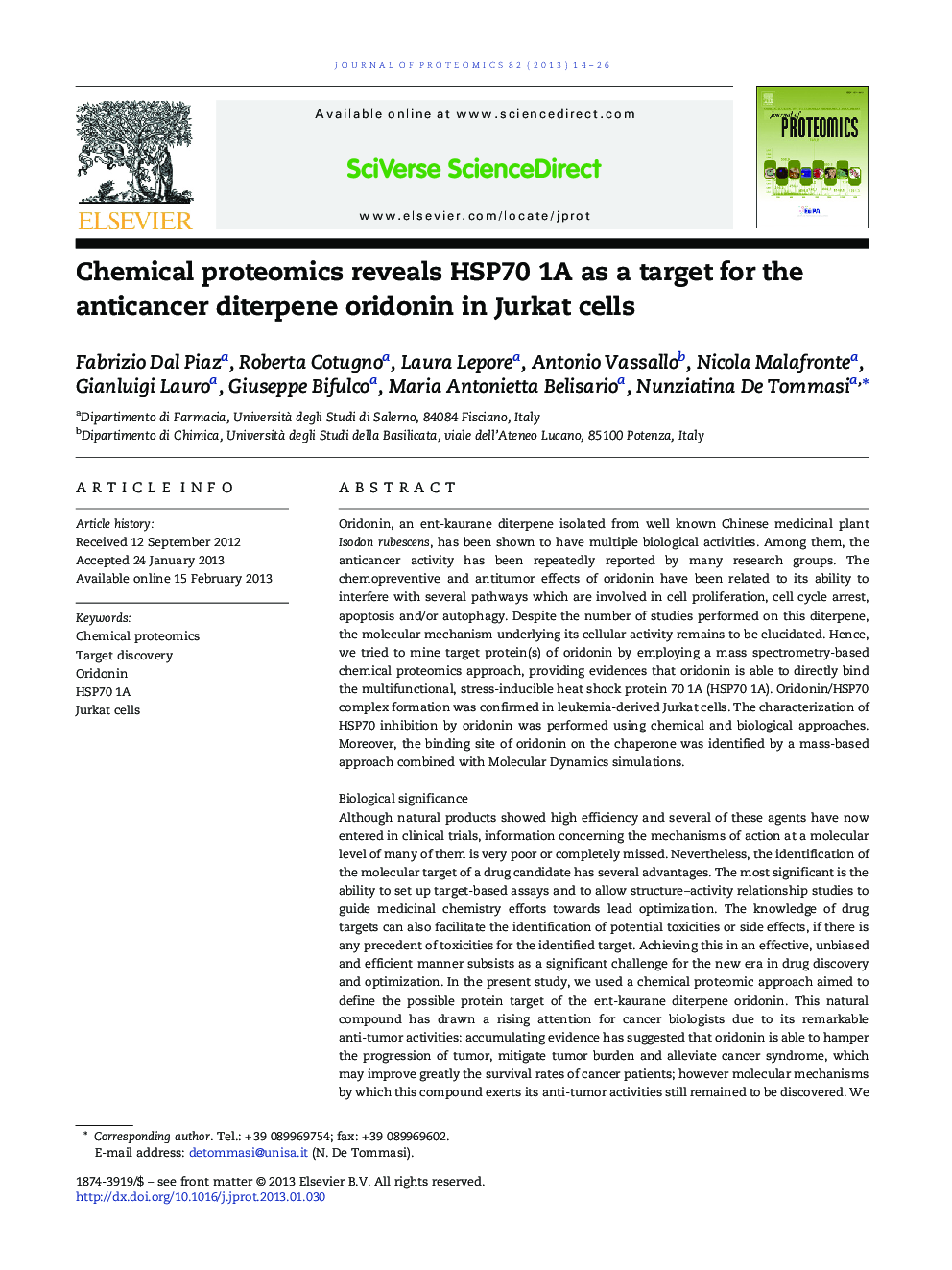 عکس صفحه اول مقاله: Chemical proteomics reveals HSP70 1A as a target for the anticancer diterpene oridonin in Jurkat cells Chemical proteomics reveals HSP70 1A as a target for the anticancer diterpene oridonin in Jurkat cells