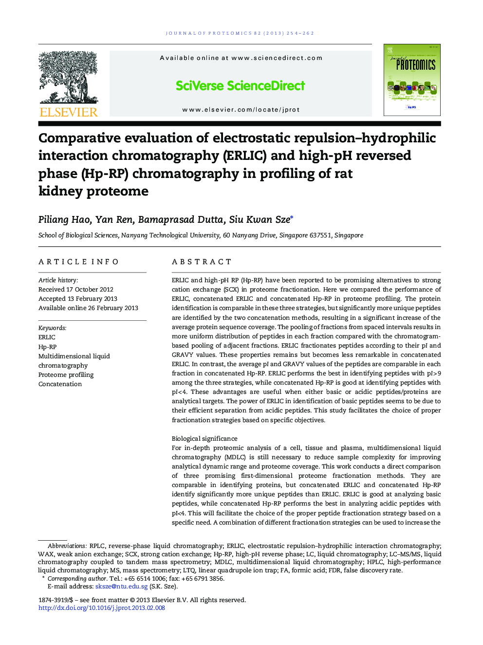 Comparative evaluation of electrostatic repulsion–hydrophilic interaction chromatography (ERLIC) and high-pH reversed phase (Hp-RP) chromatography in profiling of rat kidney proteome