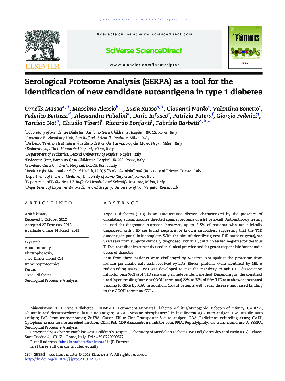 Serological Proteome Analysis (SERPA) as a tool for the identification of new candidate autoantigens in type 1 diabetes