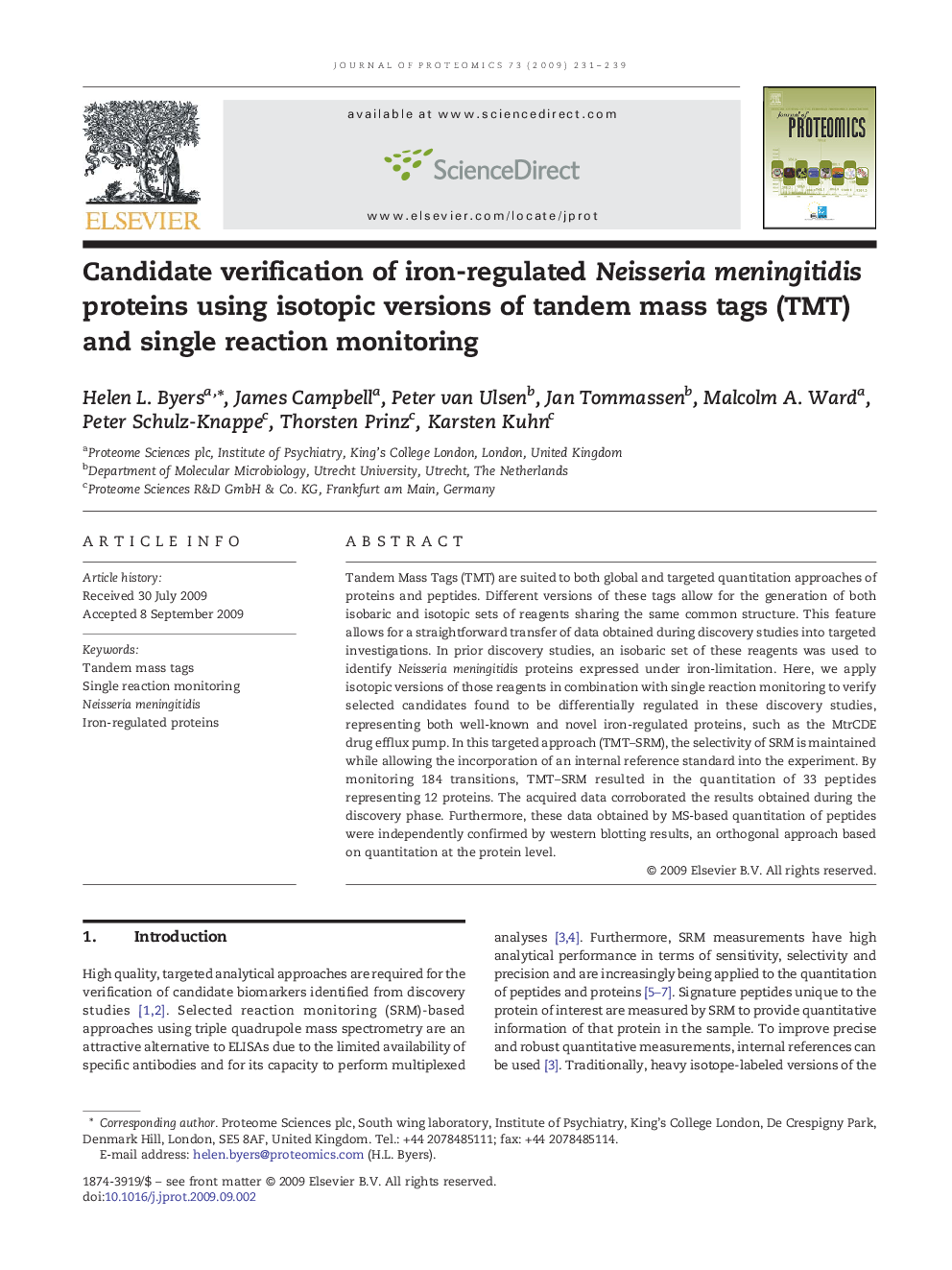 Candidate verification of iron-regulated Neisseria meningitidis proteins using isotopic versions of tandem mass tags (TMT) and single reaction monitoring