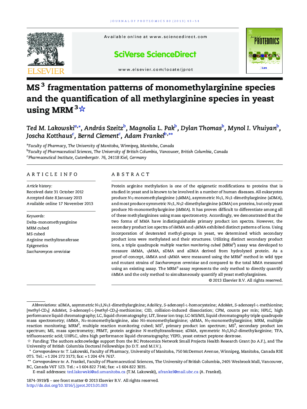 MS3 fragmentation patterns of monomethylarginine species and the quantification of all methylarginine species in yeast using MRM3