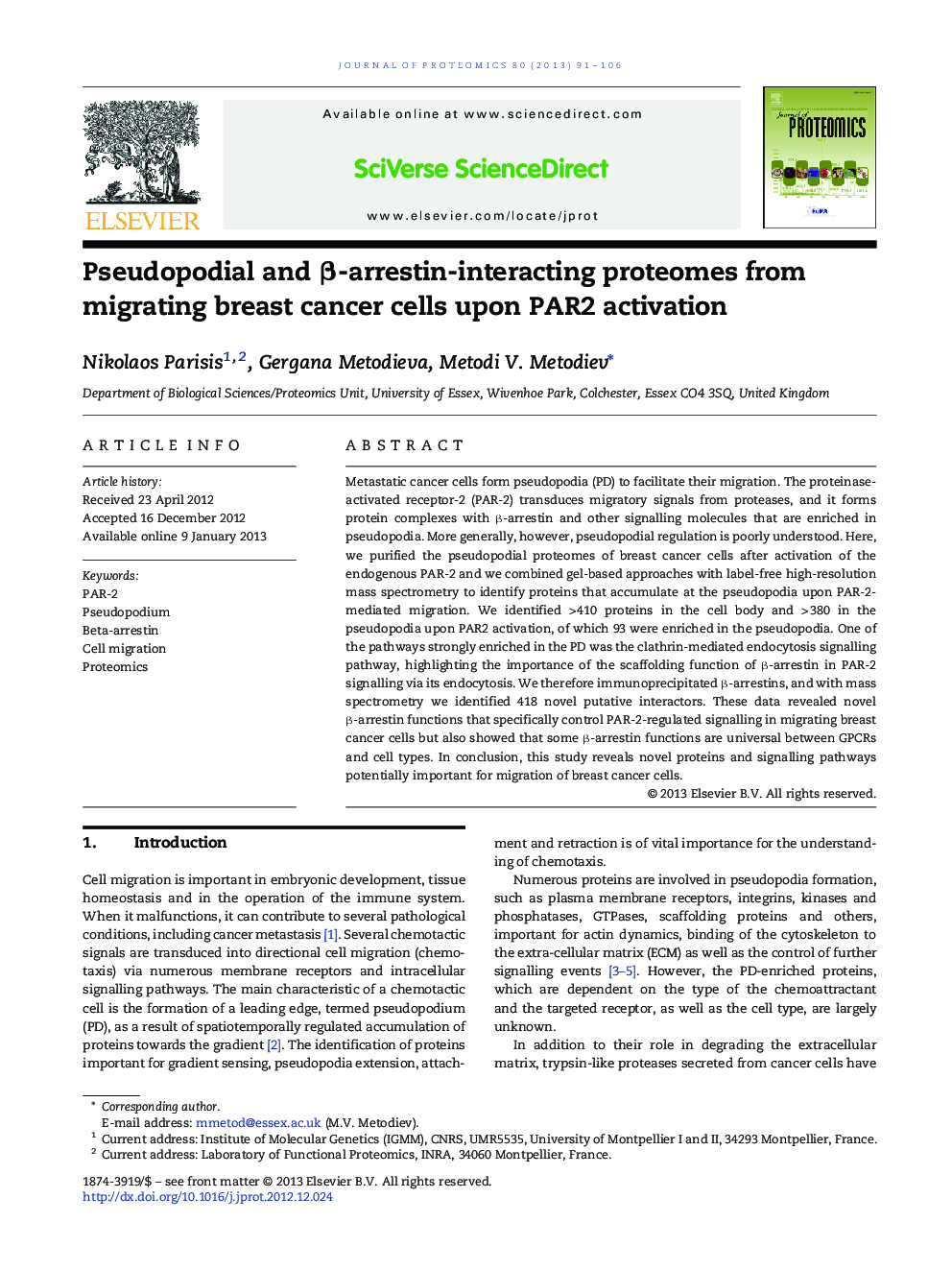 Pseudopodial and β-arrestin-interacting proteomes from migrating breast cancer cells upon PAR2 activation