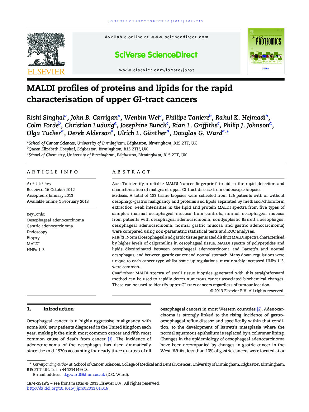 MALDI profiles of proteins and lipids for the rapid characterisation of upper GI-tract cancers