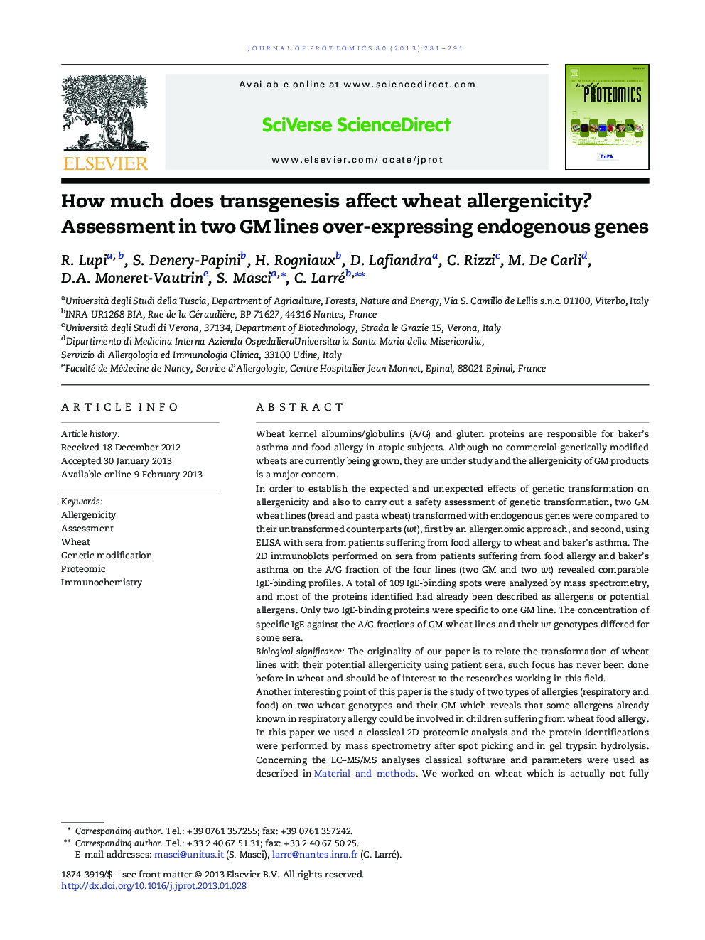 How much does transgenesis affect wheat allergenicity?: Assessment in two GM lines over-expressing endogenous genes