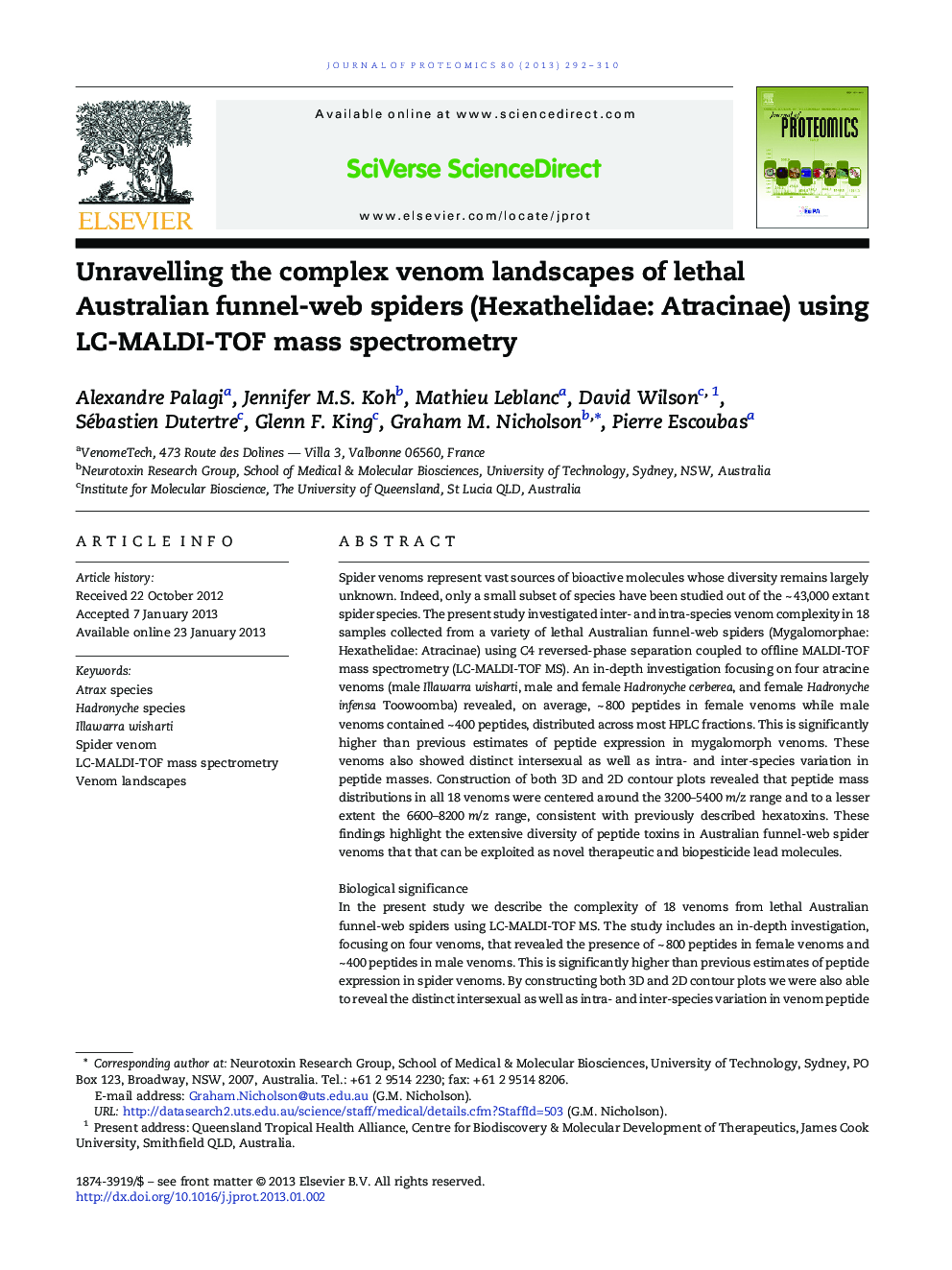 Unravelling the complex venom landscapes of lethal Australian funnel-web spiders (Hexathelidae: Atracinae) using LC-MALDI-TOF mass spectrometry