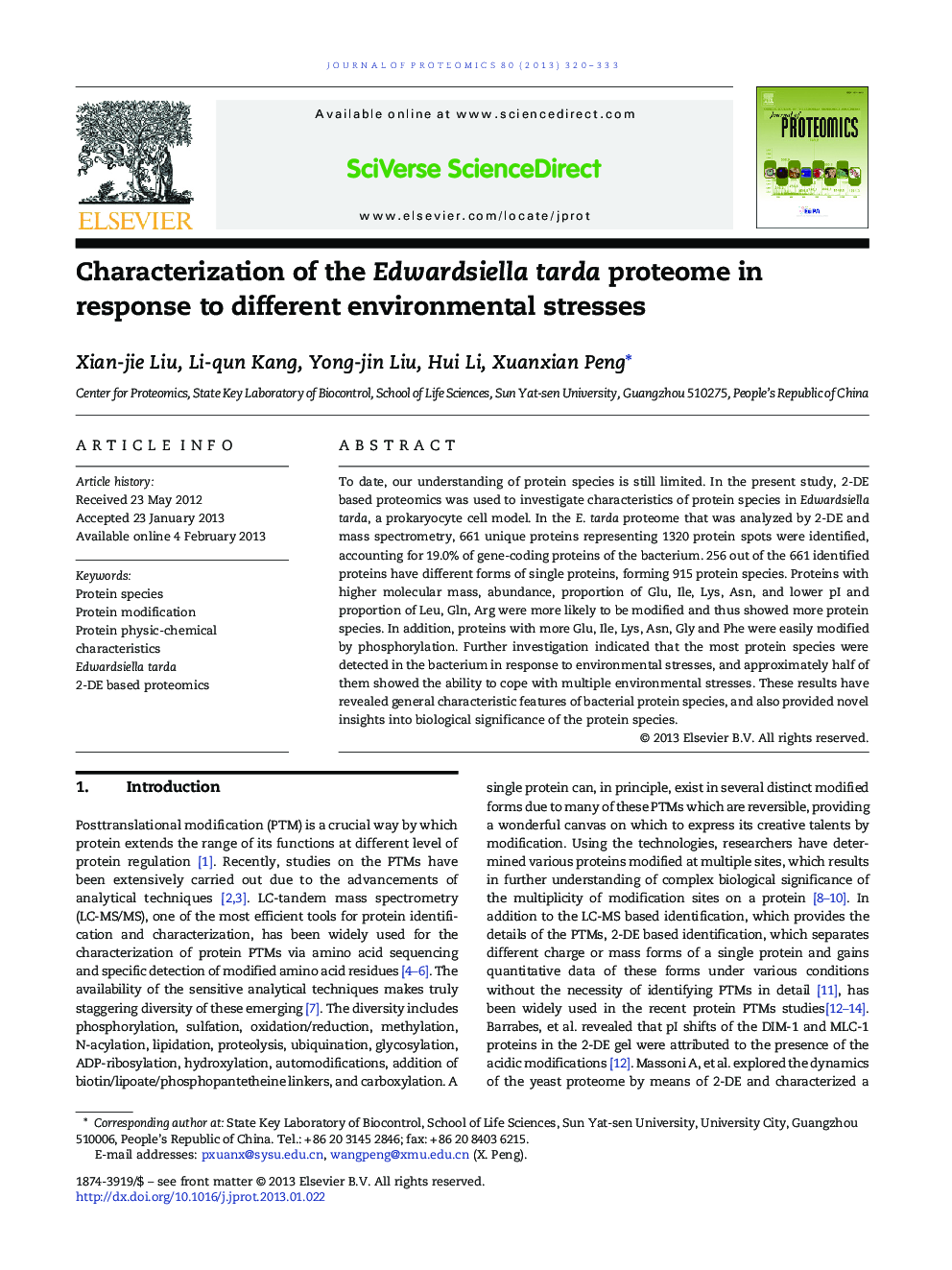 Characterization of the Edwardsiella tarda proteome in response to different environmental stresses