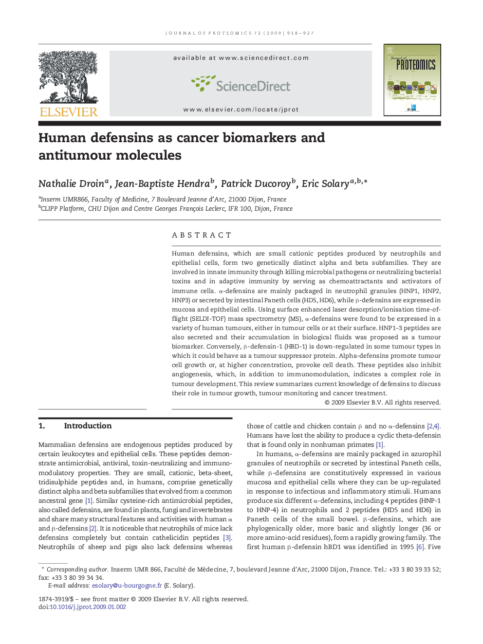 Human defensins as cancer biomarkers and antitumour molecules
