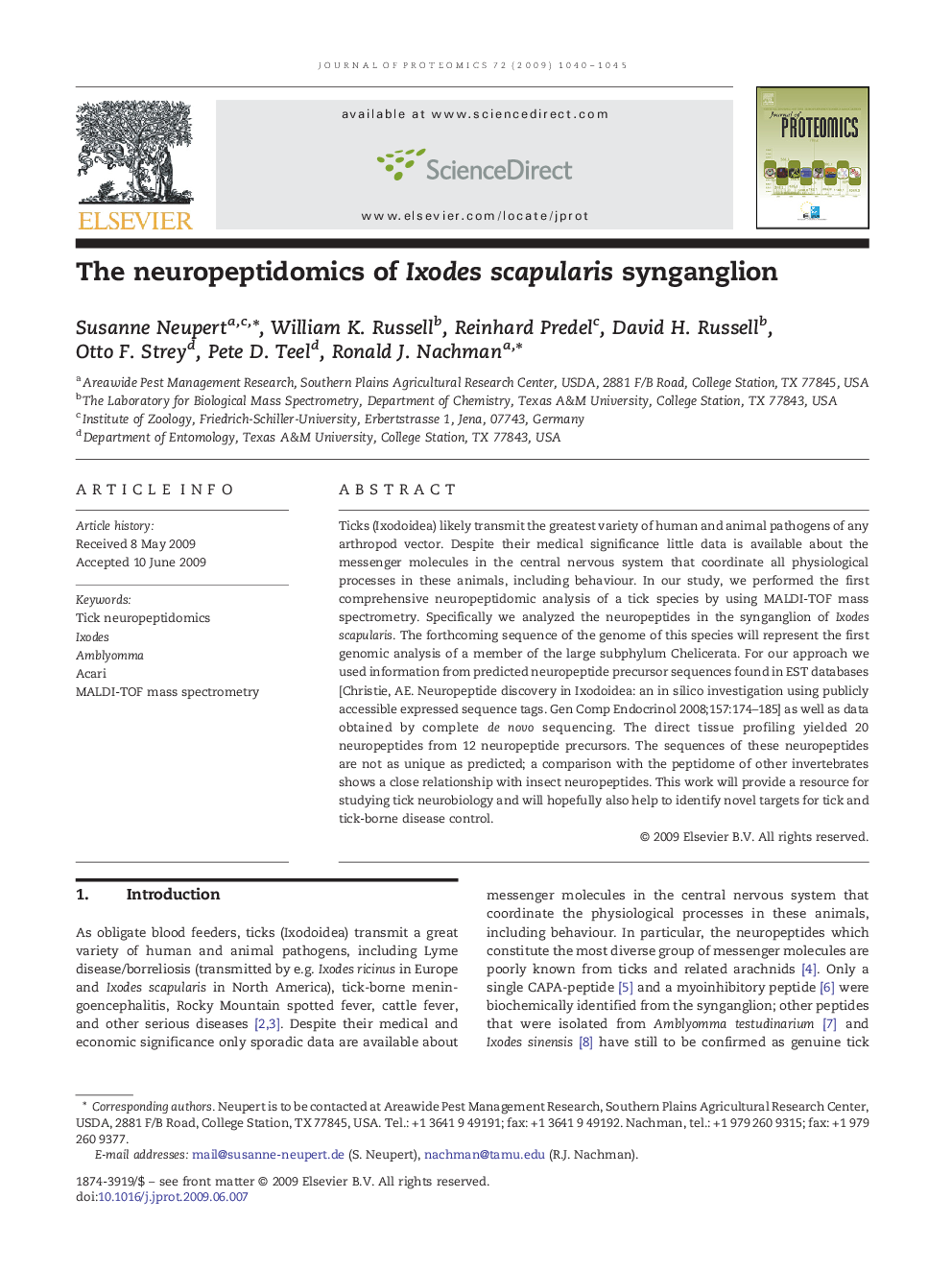 The neuropeptidomics of Ixodes scapularis synganglion