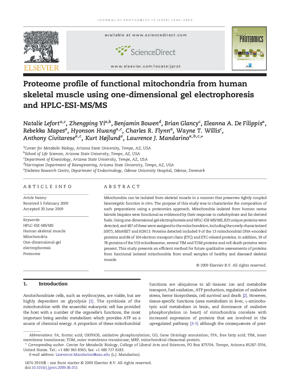 Proteome profile of functional mitochondria from human skeletal muscle using one-dimensional gel electrophoresis and HPLC-ESI-MS/MS