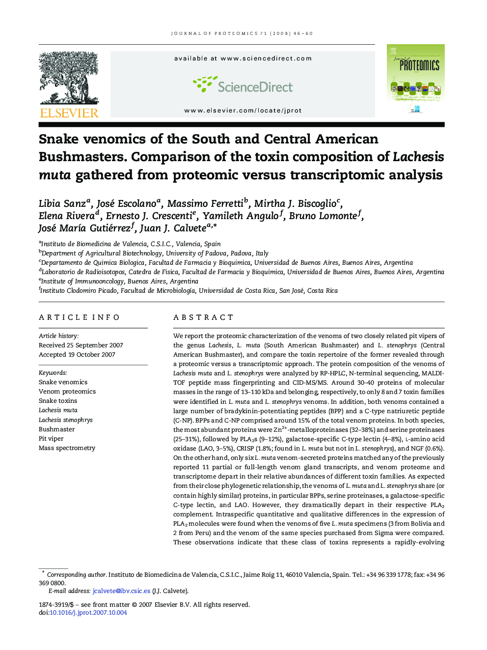 Snake venomics of the South and Central American Bushmasters. Comparison of the toxin composition of Lachesis muta gathered from proteomic versus transcriptomic analysis
