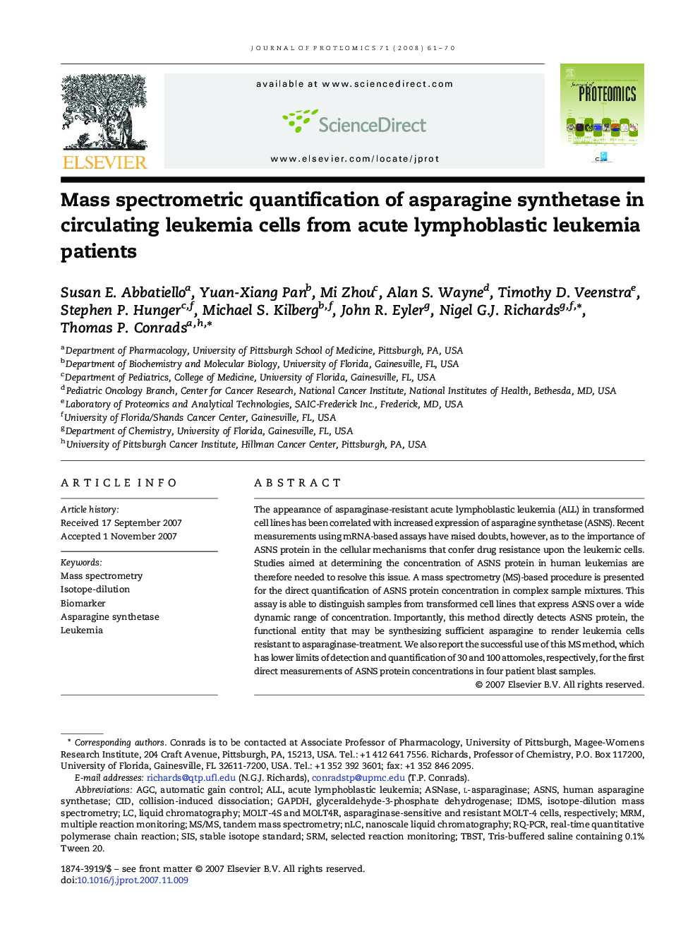 Mass spectrometric quantification of asparagine synthetase in circulating leukemia cells from acute lymphoblastic leukemia patients