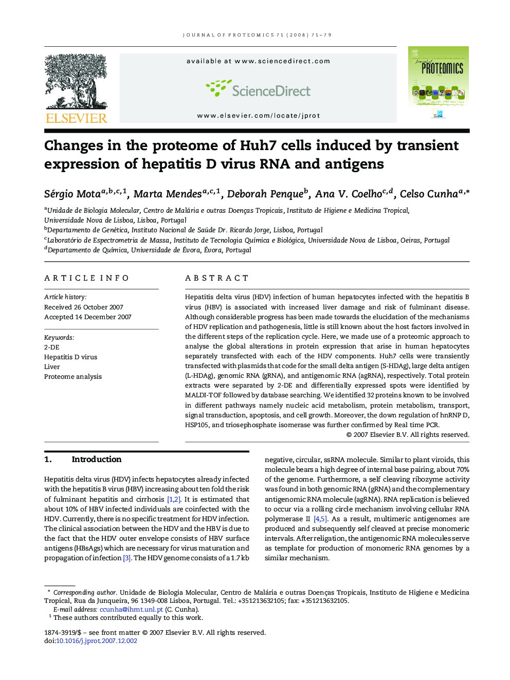 Changes in the proteome of Huh7 cells induced by transient expression of hepatitis D virus RNA and antigens