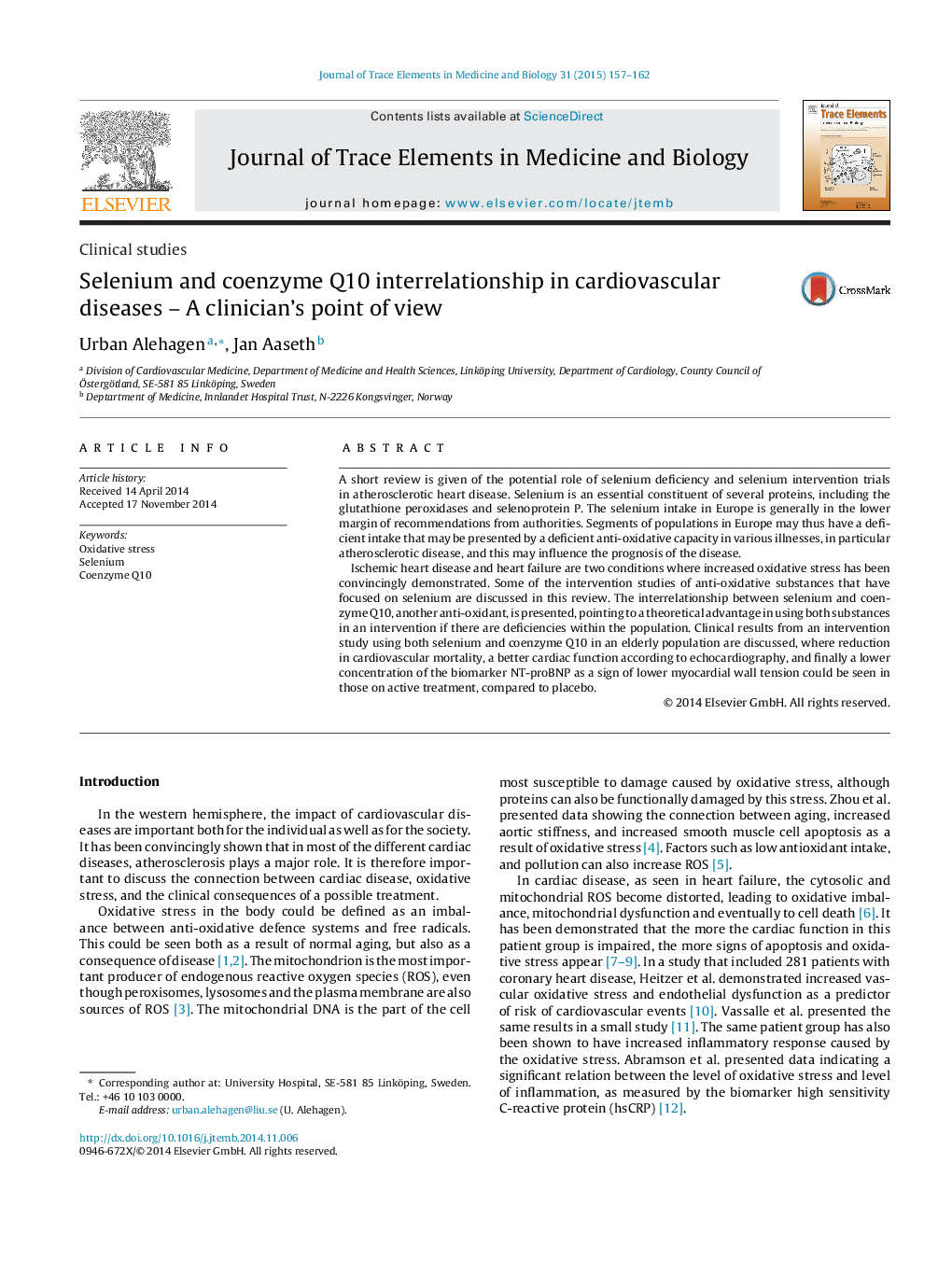 Selenium and coenzyme Q10 interrelationship in cardiovascular diseases – A clinician's point of view