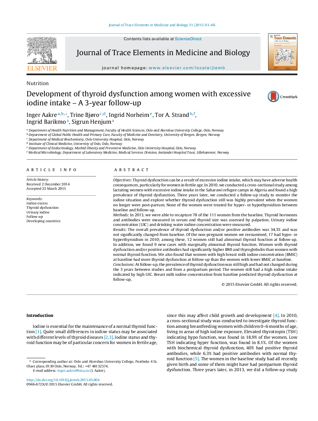 Development of thyroid dysfunction among women with excessive iodine intake – A 3-year follow-up