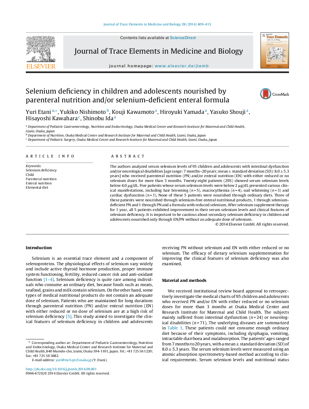 Selenium deficiency in children and adolescents nourished by parenteral nutrition and/or selenium-deficient enteral formula