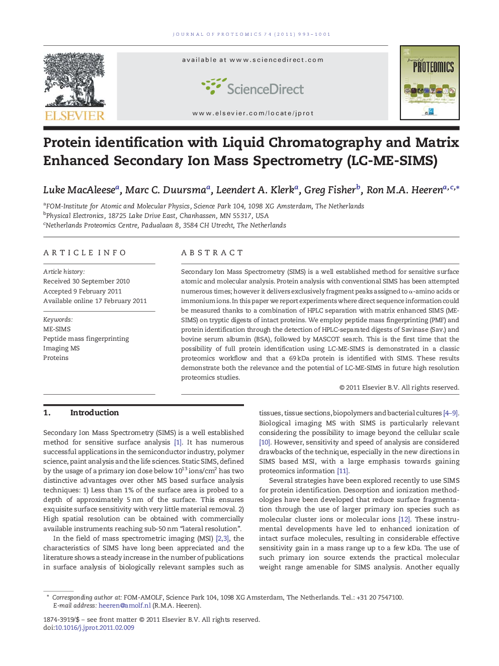 Protein identification with Liquid Chromatography and Matrix Enhanced Secondary Ion Mass Spectrometry (LC-ME-SIMS)