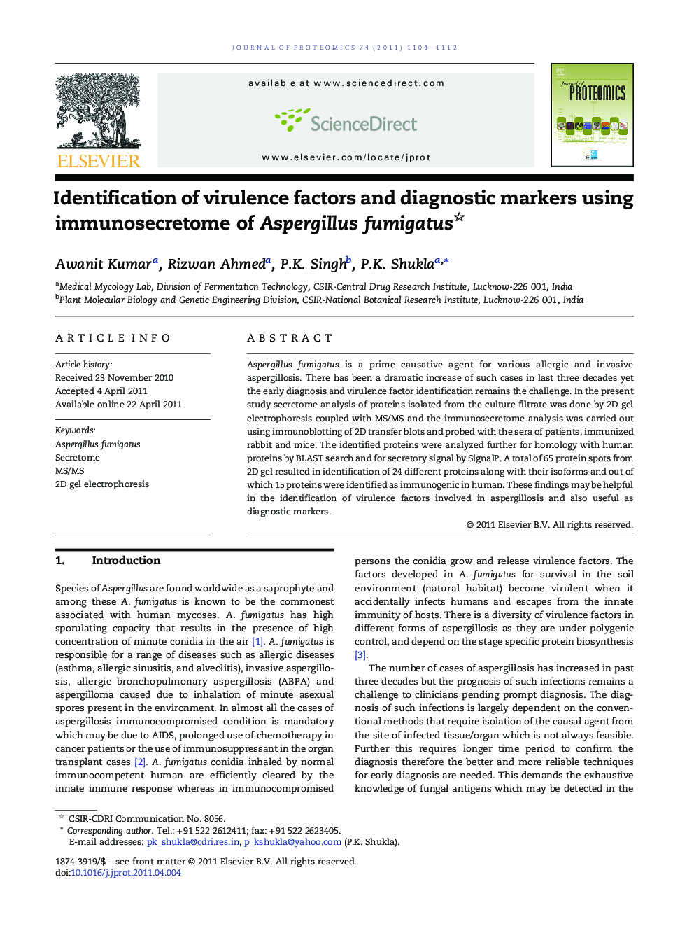 Identification of virulence factors and diagnostic markers using immunosecretome of Aspergillus fumigatus 