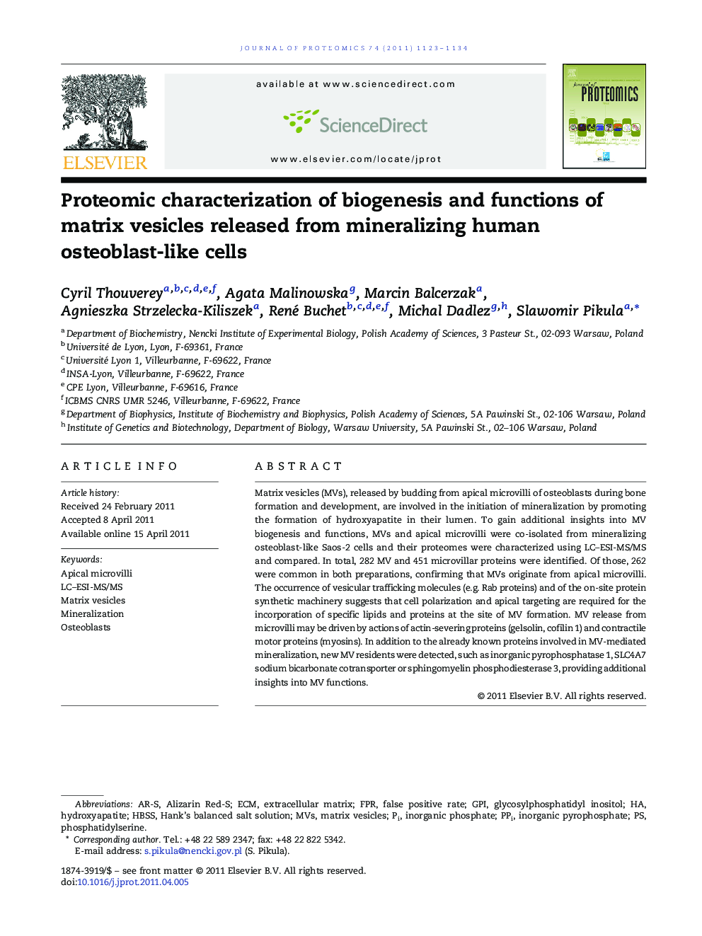 Proteomic characterization of biogenesis and functions of matrix vesicles released from mineralizing human osteoblast-like cells