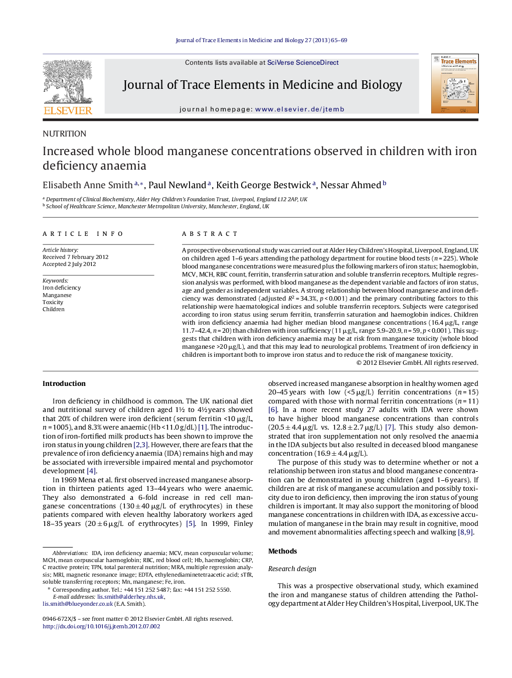 Increased whole blood manganese concentrations observed in children with iron deficiency anaemia