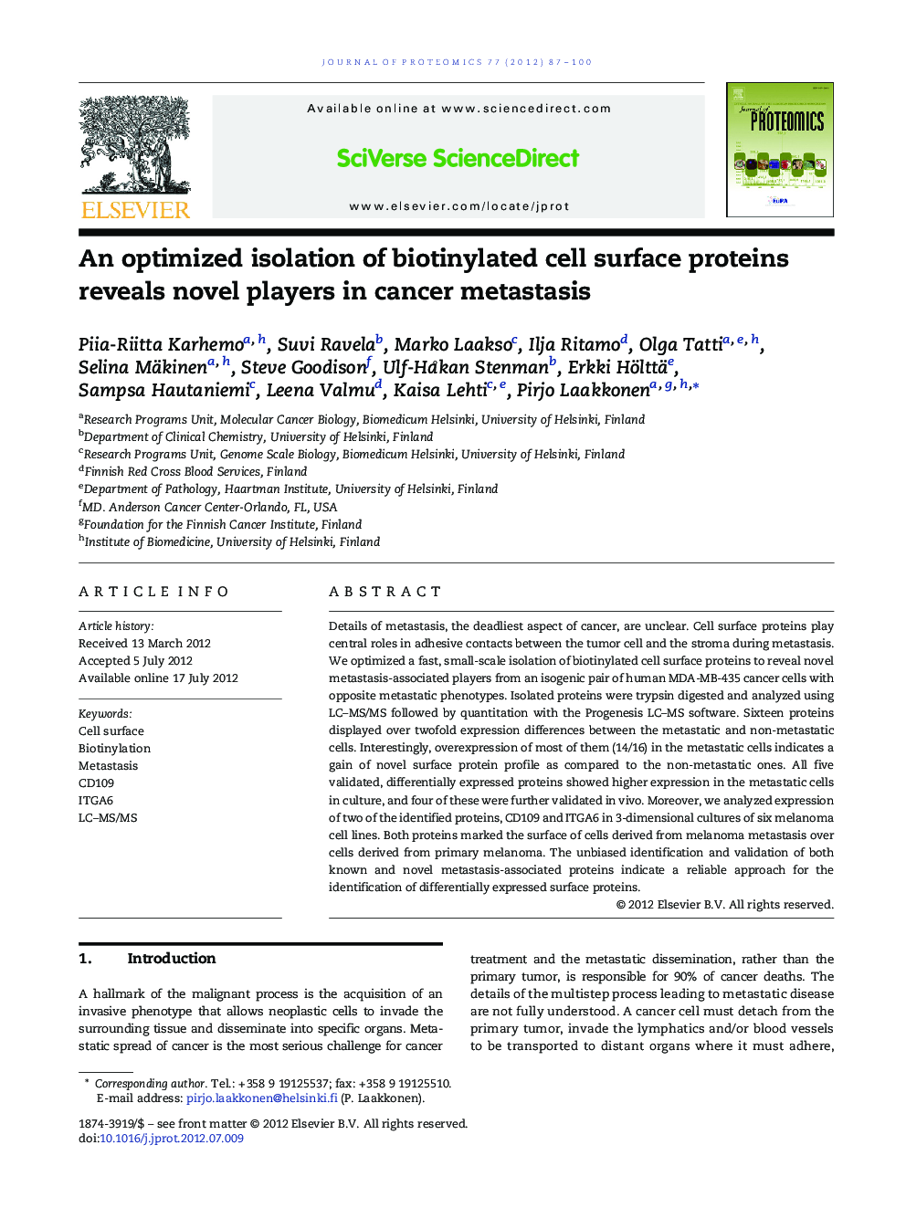 An optimized isolation of biotinylated cell surface proteins reveals novel players in cancer metastasis