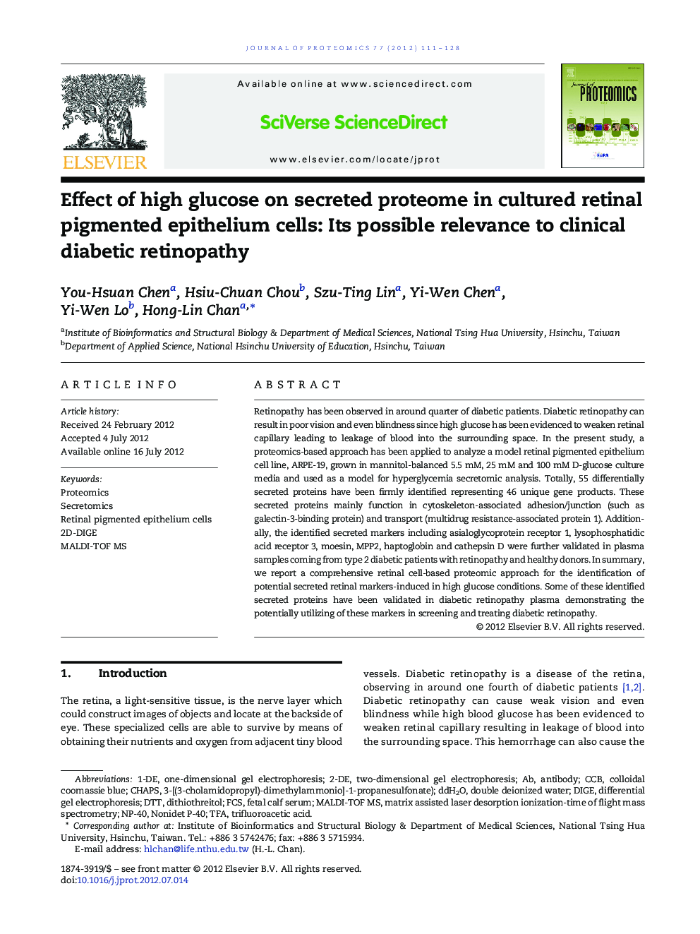 Effect of high glucose on secreted proteome in cultured retinal pigmented epithelium cells: Its possible relevance to clinical diabetic retinopathy