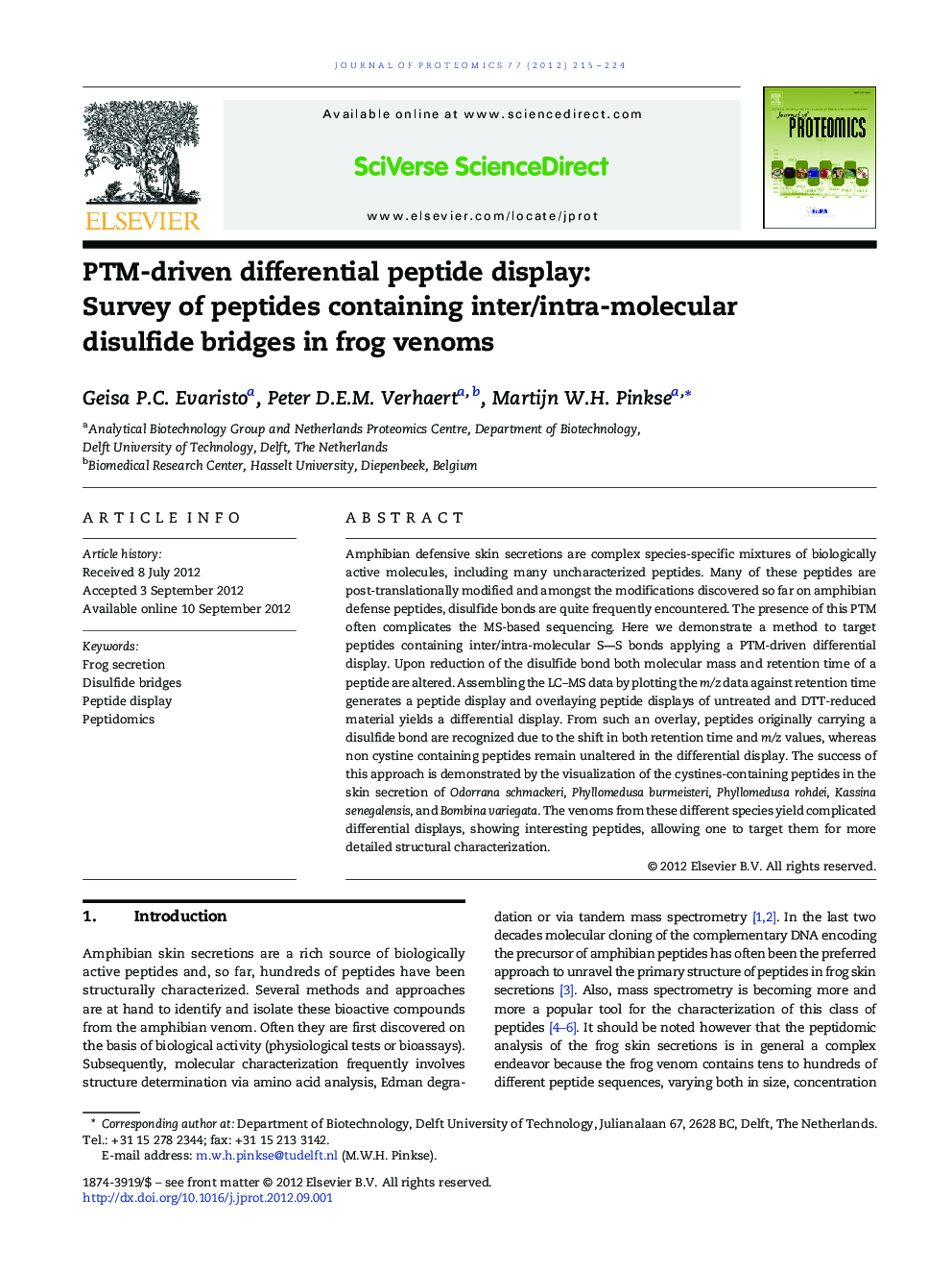 PTM-driven differential peptide display: Survey of peptides containing inter/intra-molecular disulfide bridges in frog venoms