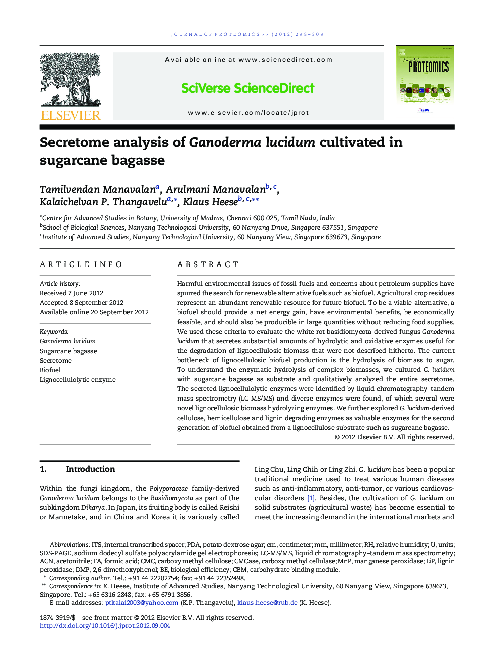 Secretome analysis of Ganoderma lucidum cultivated in sugarcane bagasse