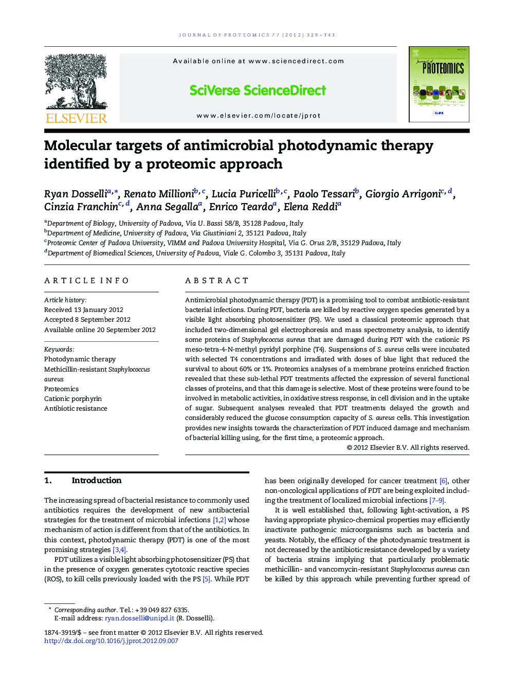 Molecular targets of antimicrobial photodynamic therapy identified by a proteomic approach